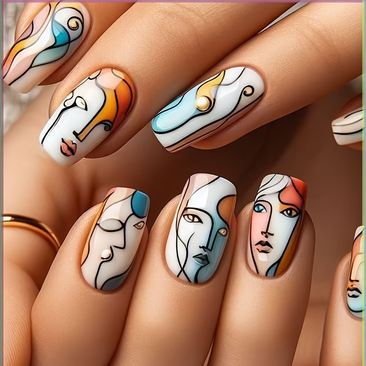 TEMU Lot de 24 faux ongles portables style graffiti européen et américain, ongles carrés de longueur moyenne polyvalents et éclaircissants pour le