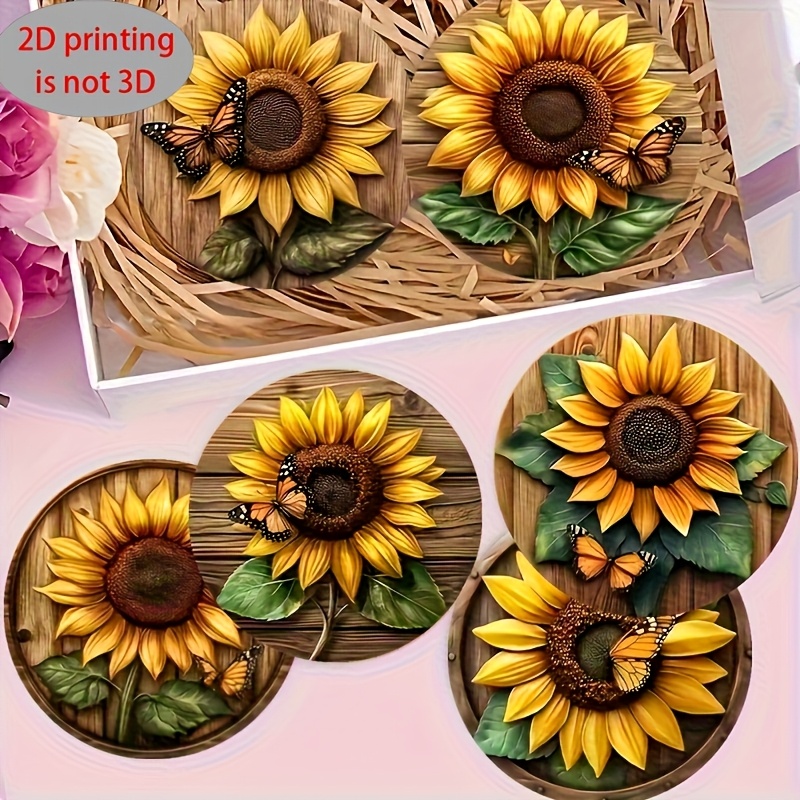 TEMU 6pcs Sunflower-themed Wooden Coasters, 2d Flat Not 3d, Anti-slip Desktop Protection And Gift Decoration Anti-scald Anti-slip Table Mat, Kitchen