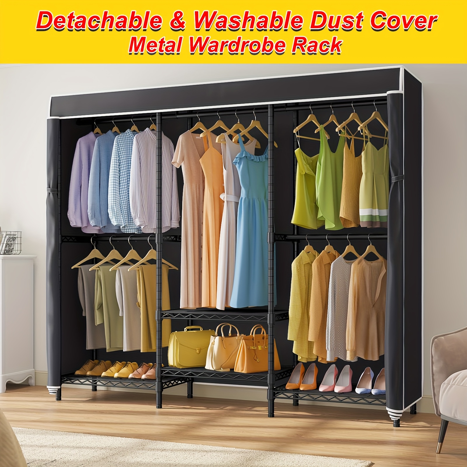 Image of A Garment Made Of Carbon Steel, Featuring Easy Assembly And A 4-layer Design. It Includes An Optional Cover, Measures 69x18 Inches, And A Large Capacity With 7 Shelves And 5 Rods