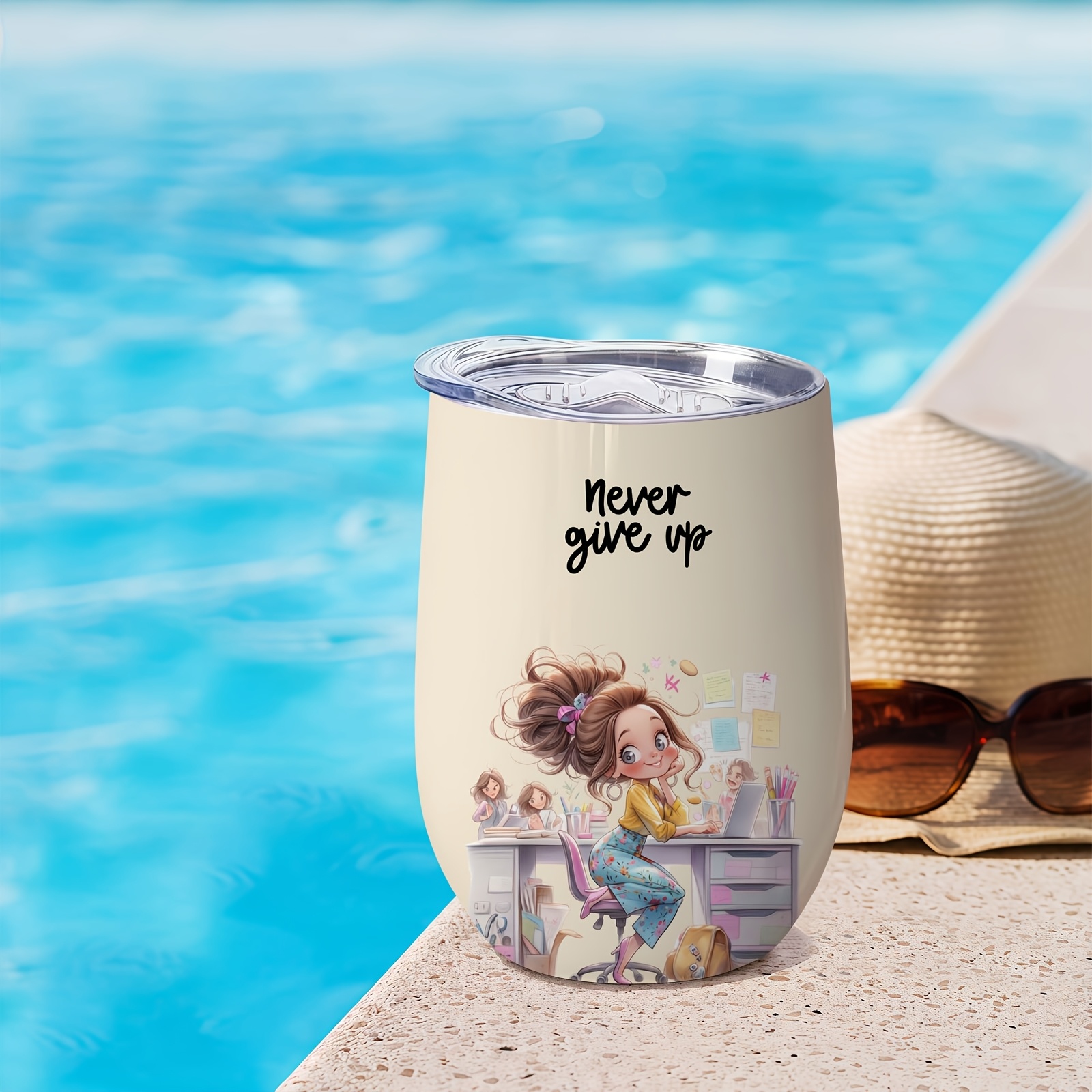 1pc Insulated Tumbler For Working Women, Featuring A "never Give Up" Design, Summer Cold Insulation Cup With Anti-spill Lid, Stainless Steel Material, Exquisite Pattern, Suitable For Occasions, For