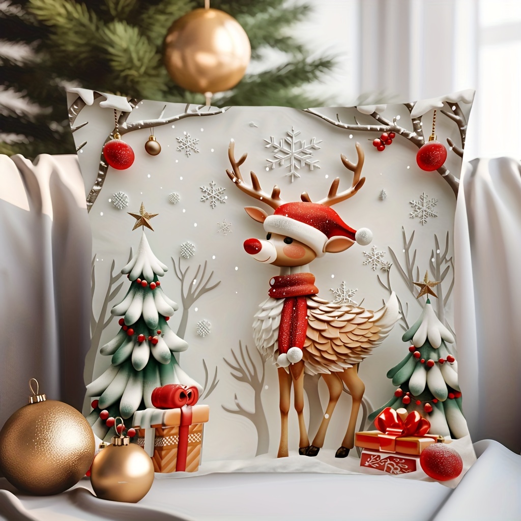 

1pc Contemporary Style Pillow Cover, Festive Trees & Reindeer Digital Print, Single-sided, Hand Wash, 17.7" Square, Zipper Closure, Versatile Room Decor, 100% Polyester, No Insert Included