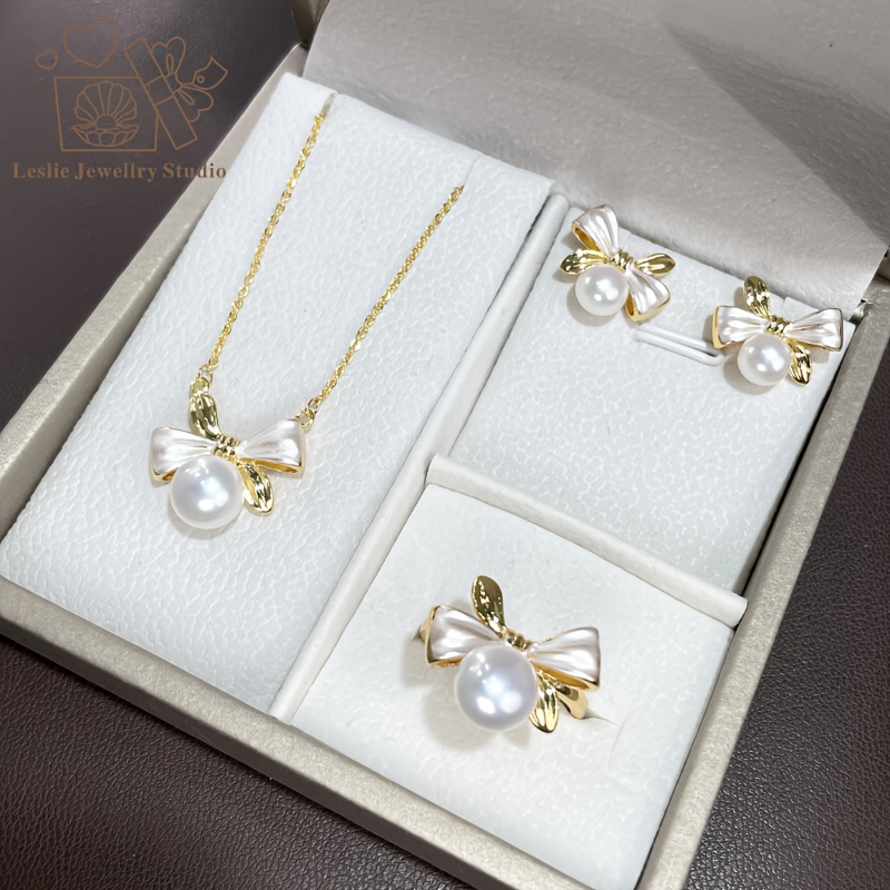 Classic Luxury Freshwater Pearl Jewelry Set, Necklace, Earrings & Ring