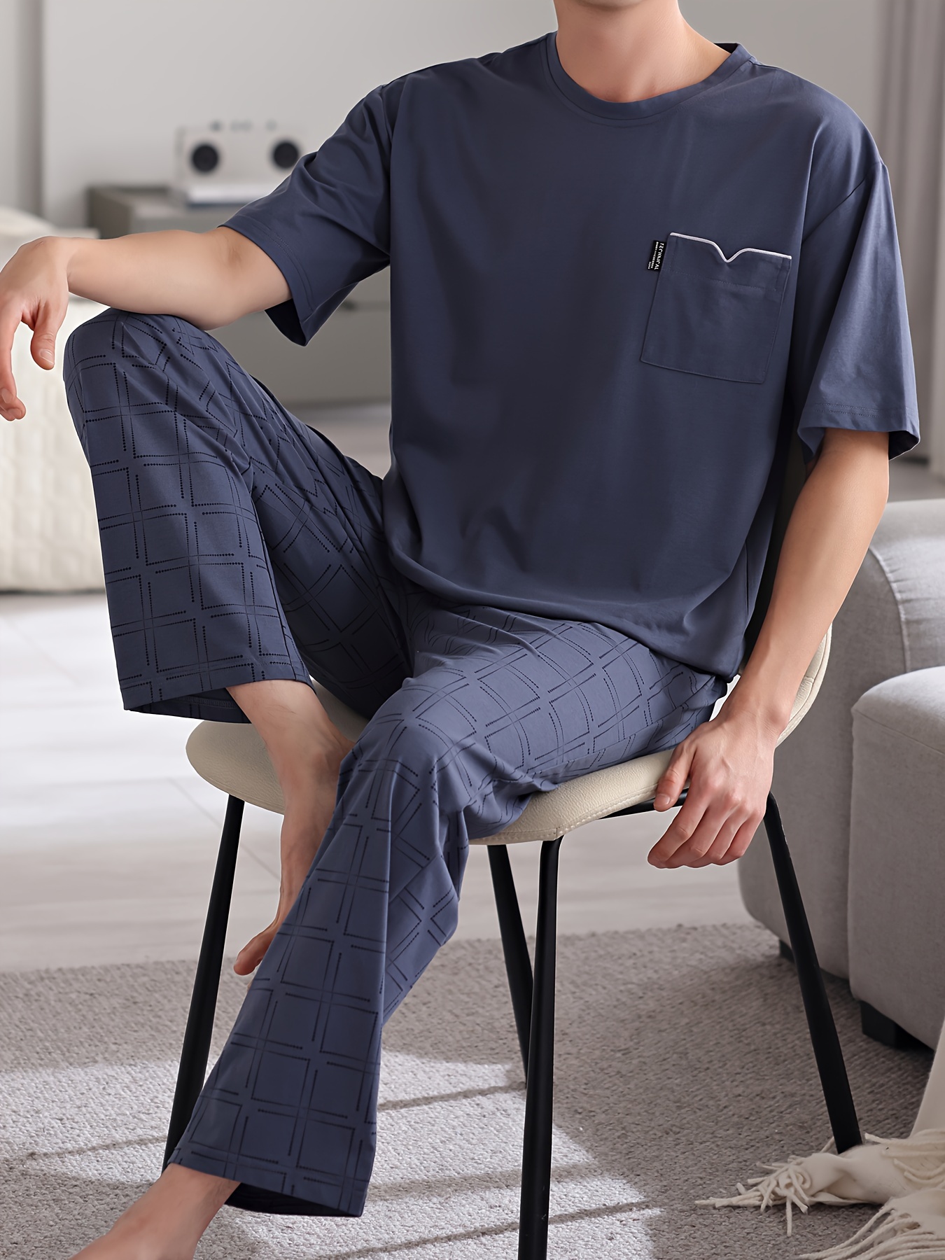 Men'S Summer Cotton Pajama Set, Casual Crew Neck Short Sleeve Long Pants with Pocket, Knit Fabric, Regular Fit, Slight Stretch, Solid Color, No Belt, Home Wear - Large Size