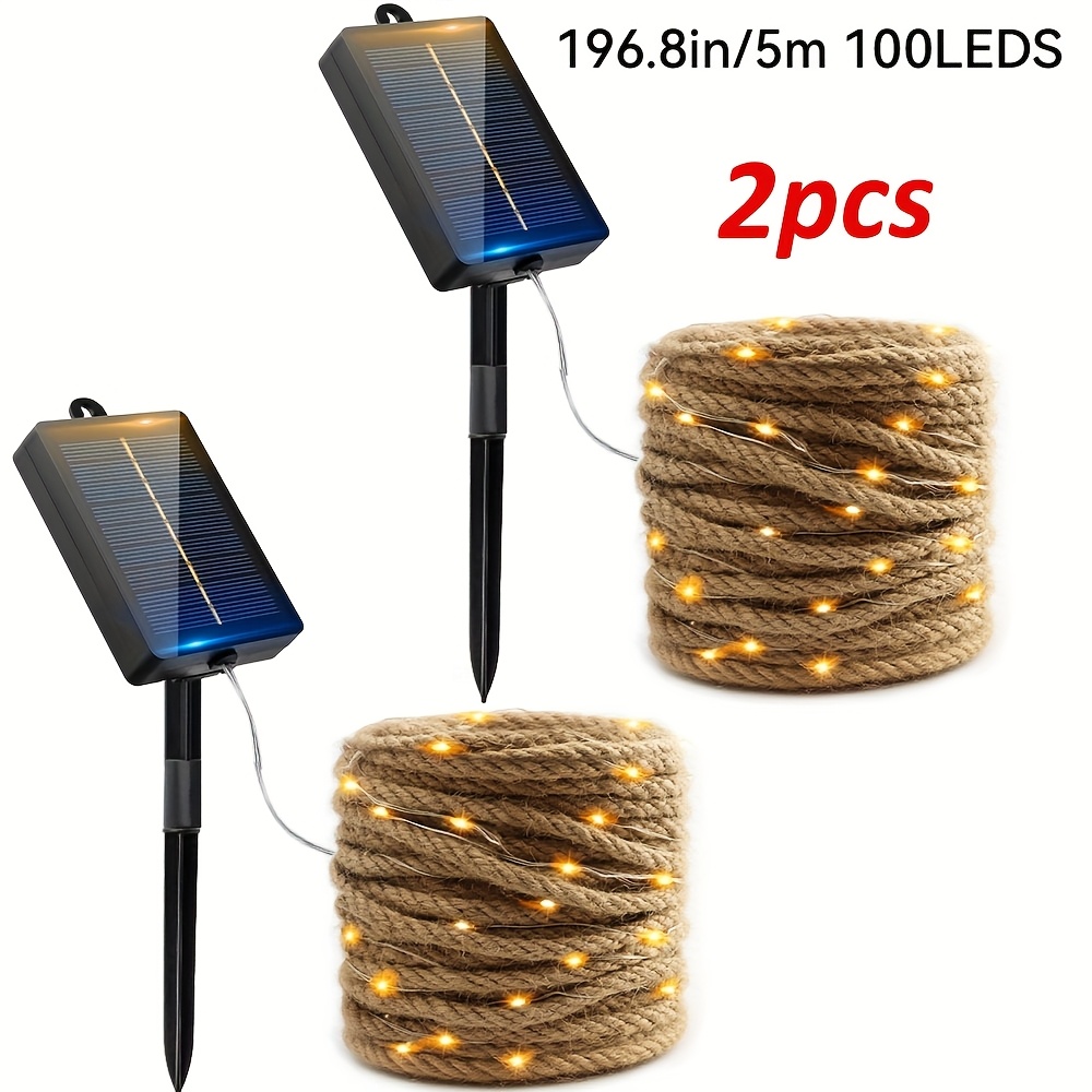 E-shop 2/4 Stück 200/100 LED Solar Lichterkette für Außen, Vintage Seil und Solarbetriebene Lichterketten mit Kupferdraht, 8 Beleuchtungsmodi, für