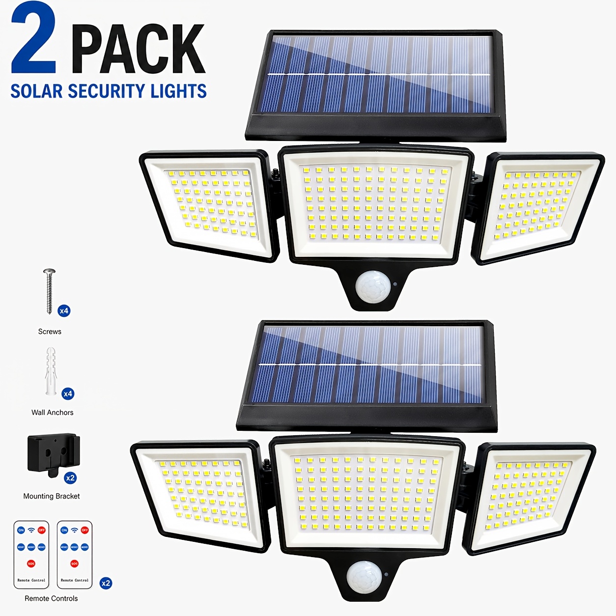 TEMU 2-pack Solar Outdoor Motion Sensor Lights With Remote Control, 3-head Solar Security Lights, 208 Leds, 2600lm, 3 Lighting , Waterproof Wall