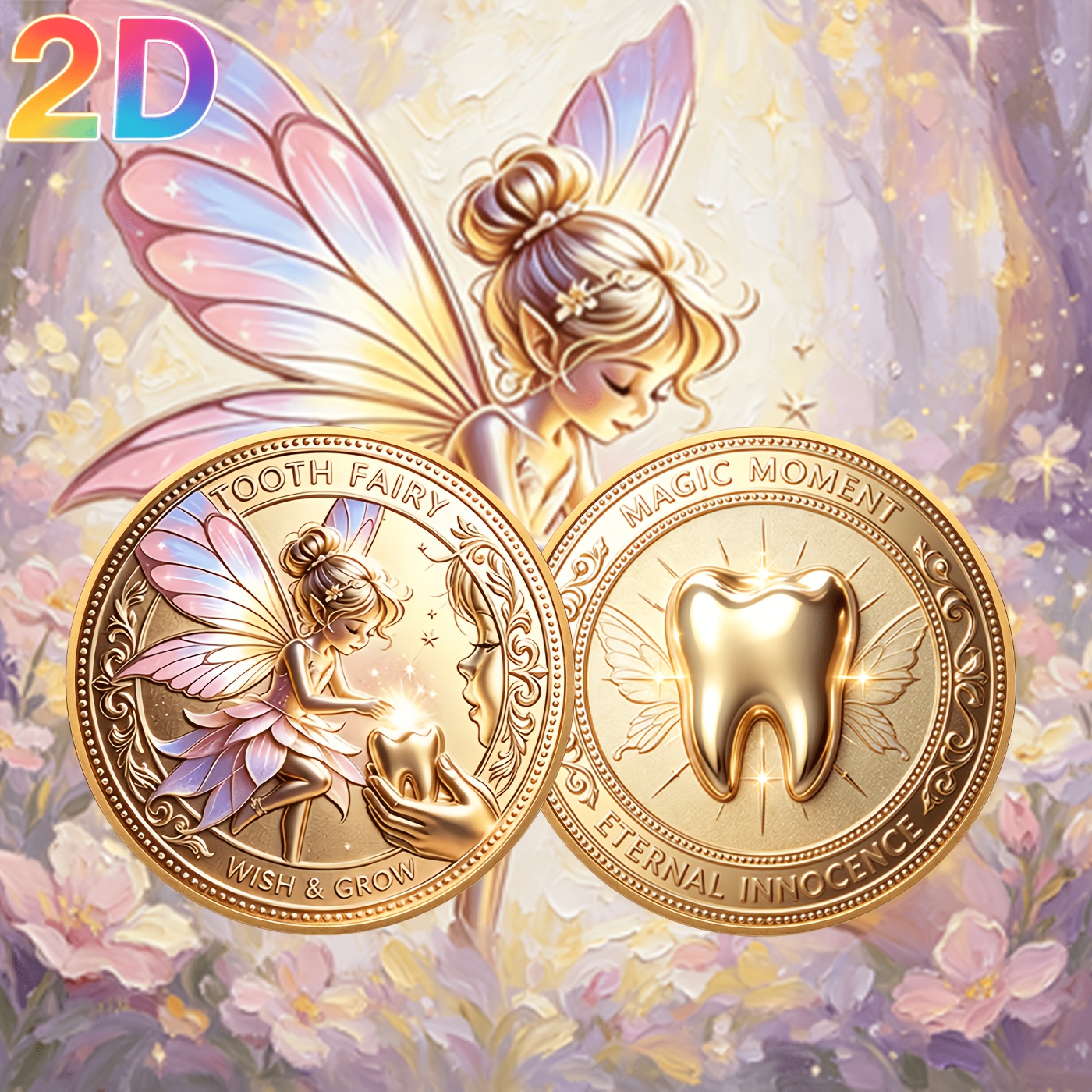 TEMU 1pc 2d, Size 4cm X 4cm Tooth Fairy Tale Themed Collectible Coin, Elf Wings Pattern Commemorative Coin, Gentle Childhood Growth Collection Coin,
