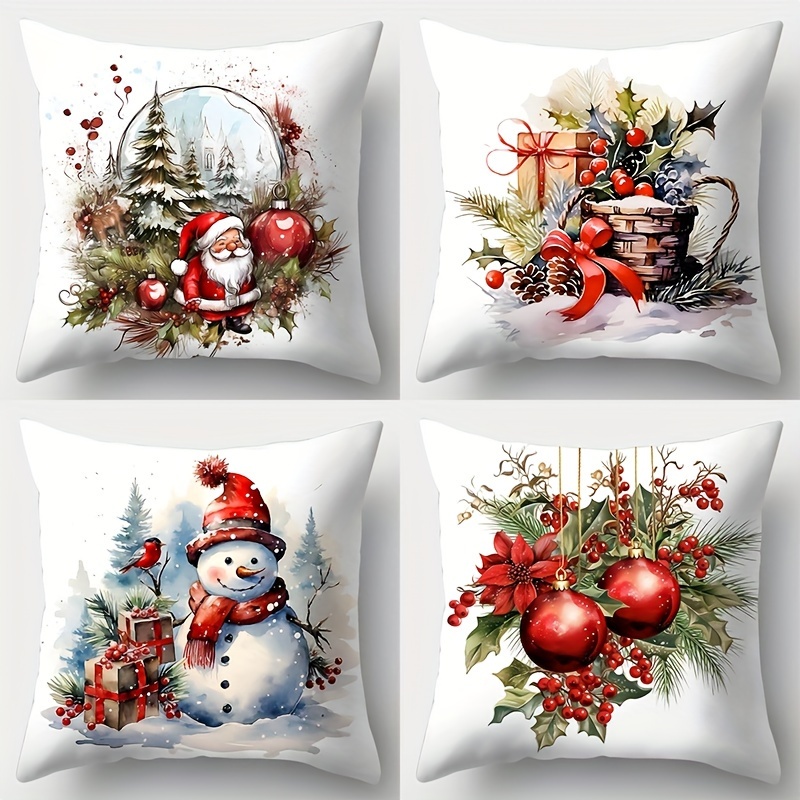 

4- Christmas , 17.7x17.7 , , Polyester, Zippered, , Printed Snowman & , Sofa For Decor