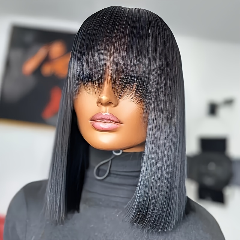 

Straight Wig Human Hair With Bangs Full Machine Made Wigs Natural Color No Lace