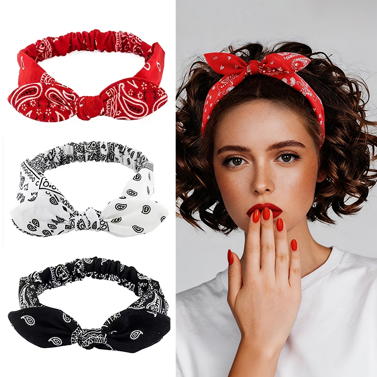 TEMU 3pcs Women's Wide Rabbit Ear Headband Set, Knotted Bow Paisley Headband, Paisley Pattern Turban Headband, Versatile And Fashionable Women's Hair
