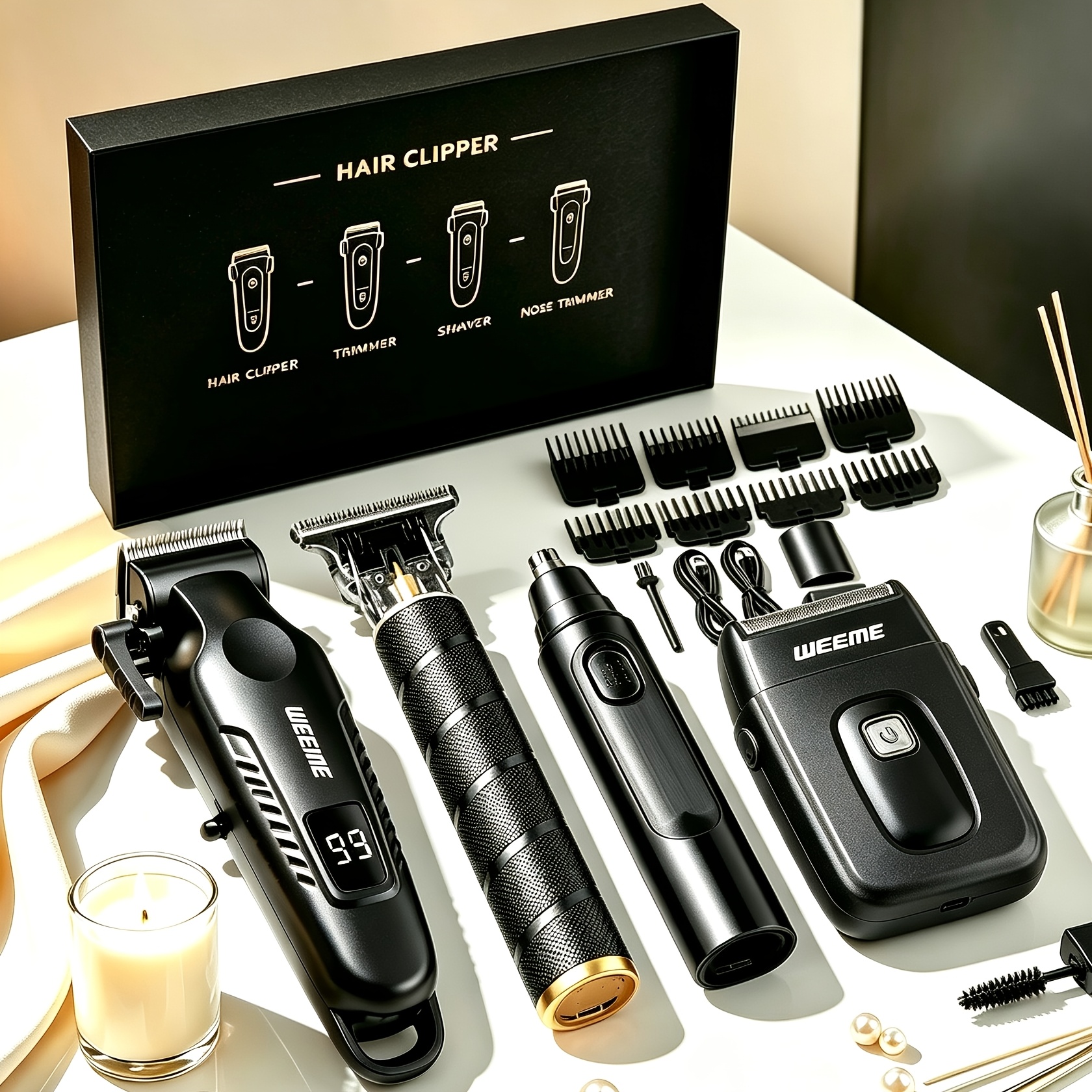TEMU WEEME Kit de coiffure électrique pour homme 4 pièces/2 pièces, Tondeuse à cheveux dorée machine unique, Tondeuse électrique, Tondeuse à poils de