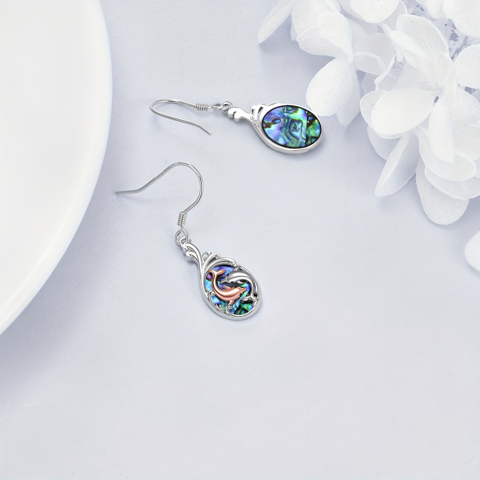 Sterling Silver Abalone Shell Dolphin Earrings