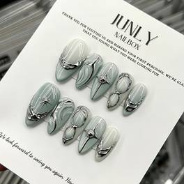 30pcs of handmade gel nail jewelry mint green gradient cat eye silvery gel nails cool metal star sparkles almond shaped nail polish that enhances removable nails press on nails