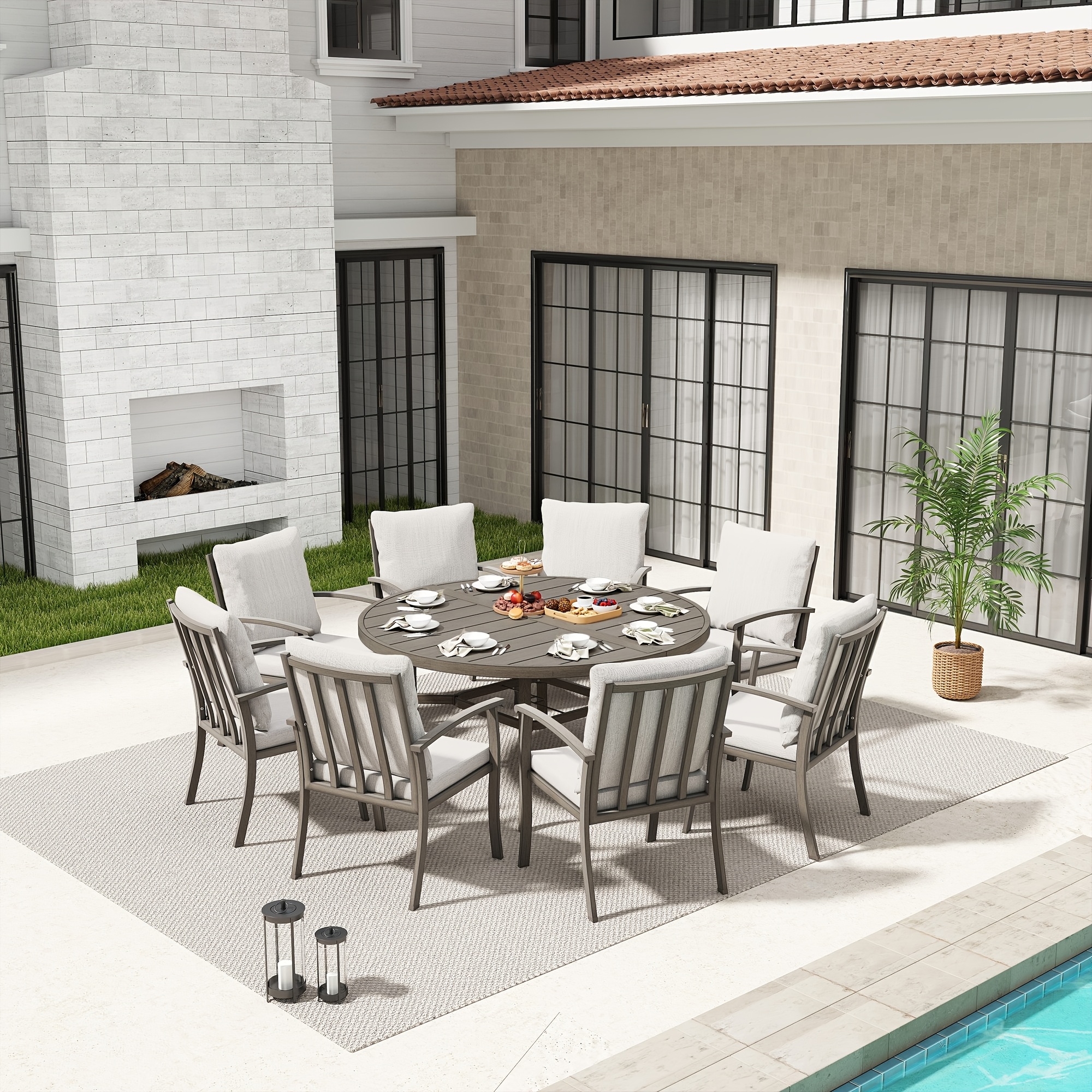 9pcs Aluminum Outdoor Dining Table And Chair Set, Suitable for 8 People, The Set Includes 1 Round Table, 8 Chairs, with Cushions And Back Cushions, Suitable for Outdoor Garden Terrace Furniture Set