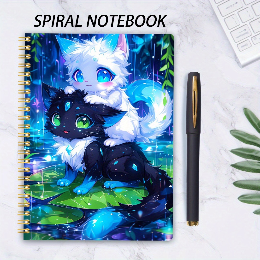 TEMU 1 Carnet à spirale A5, et chat blanc Lotus sur fond de nuit pluvieuse, Carnet à spirale à double spirale, Papier épais à de collège, Journal,