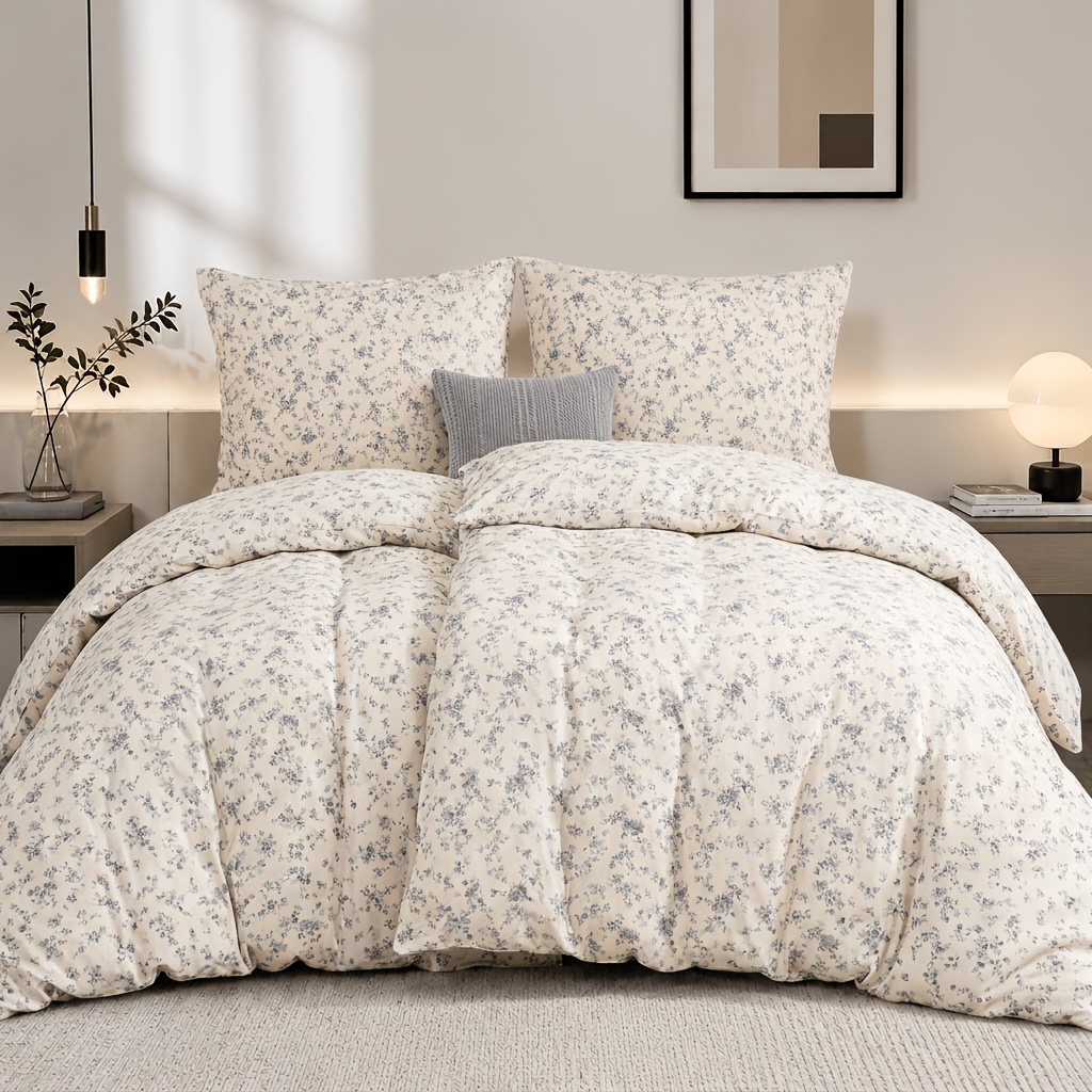 Image of Local Beige Vintage Tiny Floral Washed Polyester Gsm105g High-quality Premium Duvet Cover Set 4pcs Soft Aesthetic Country Style Bedding With 2 Pillowcases 80*80 Breathable Bed Set