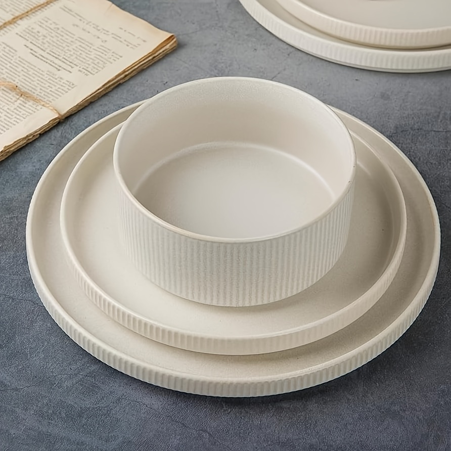 TEMU 12pcs Stoneware Dinnerware Sets, Round Plates And Bowls Set For 4, Ribbed, Dishwasher And Microwave-safe, Full Glaze Matte White