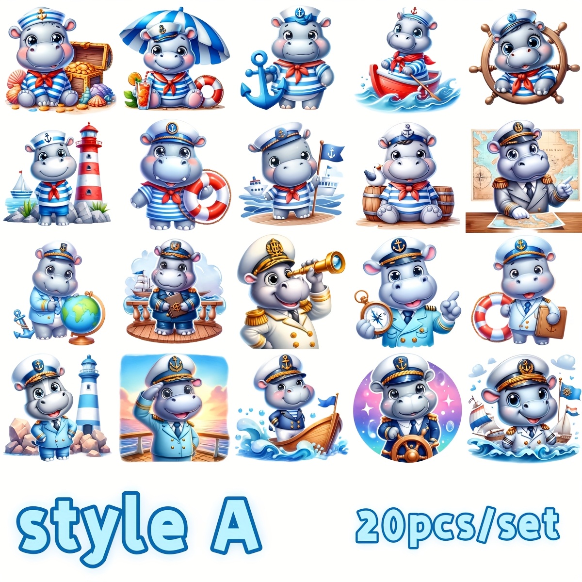 20pcs/set Navy Blue Hippo Ocean-themed Stickers