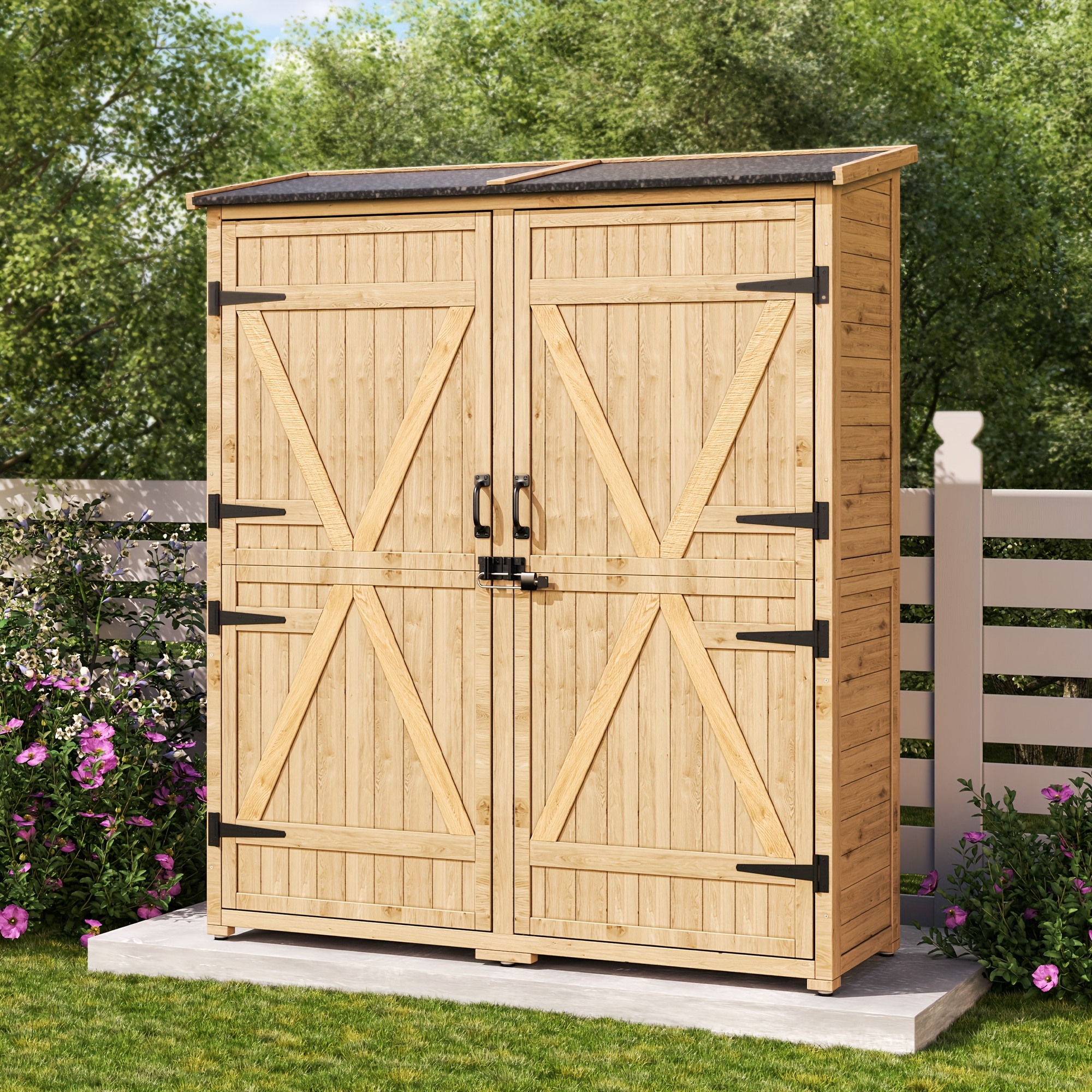 

Outdoor Storage Cabinet With Waterproof Roof, Double Lockable Doors Garden Shed With 2 Removable Shelves, Wooden Storage Shed With Large Storage Space For Patio, Garden, Backyard, Lawn