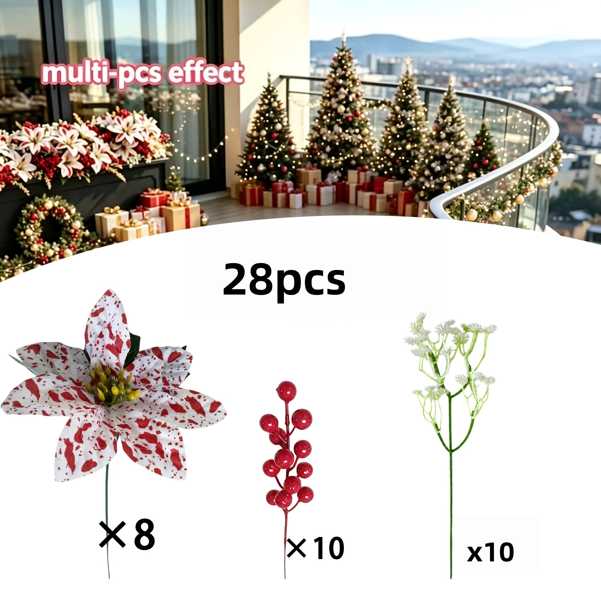 TEMU 28pcs New Luxury Artificial Christmas Set, Including 8 Poinsettias + 10 Red Berries + 10 Baby's Breath. Suitable For Fireplaces, Stair Railings,