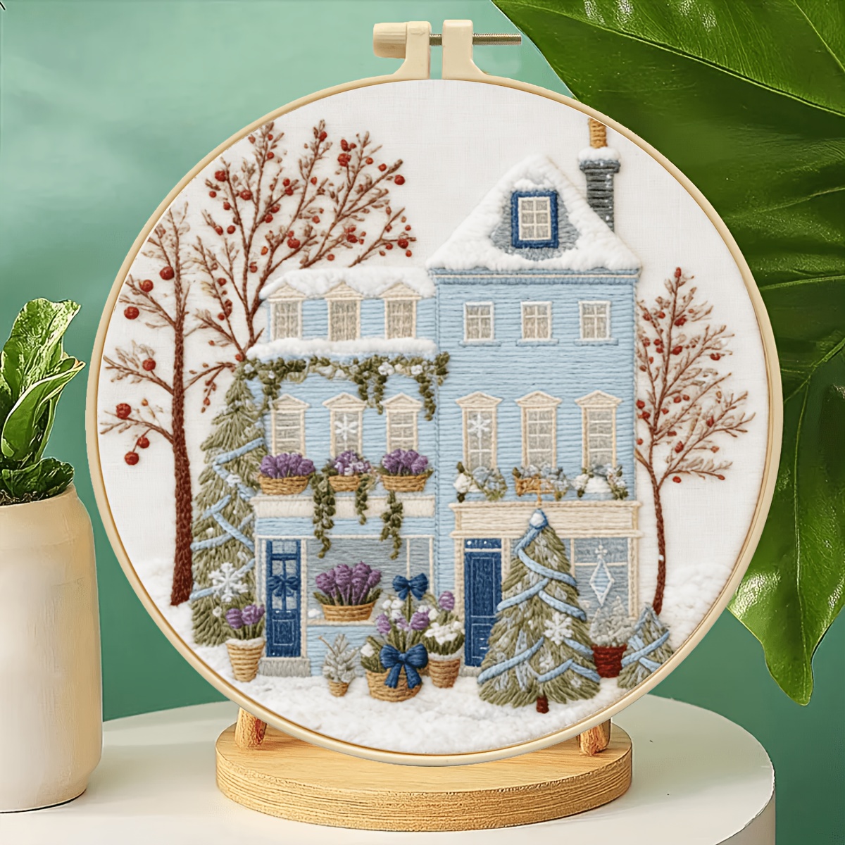 Winter Scenery Cottage Embroidery Kit, Beginner Toolset