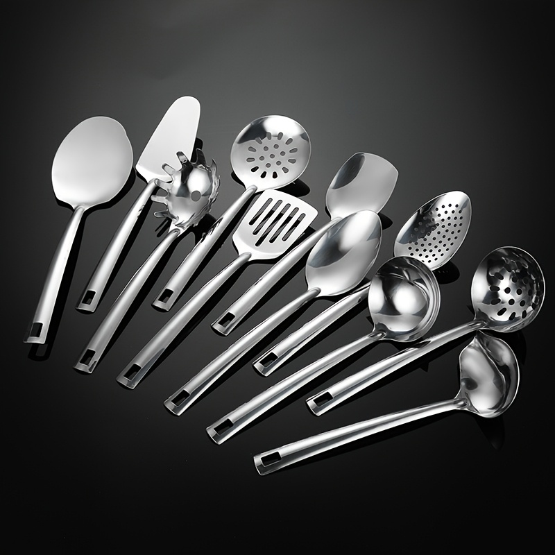 

11pcs Stainless Steel Kitchen Utensil Set With 3 Unique Handles - Includes Cooking Spatula, Ladle & More - Cookware For Home And Restaurant Use