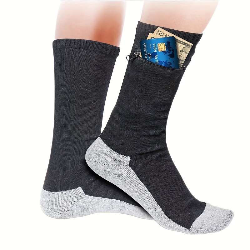

1 Pair Unisex Travel Socks With Zippered Security Pocket, Anti-theft, Moisture Resistant Sports Socks For Passport, Id, Cards, Keys, Cash