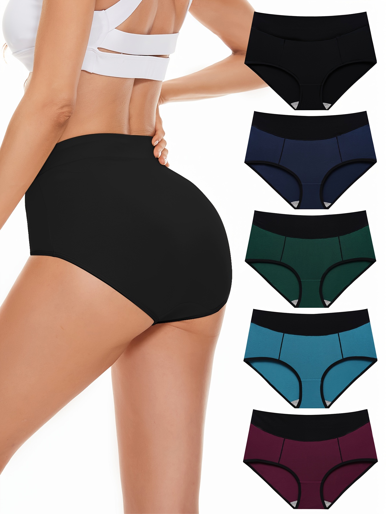 5pcs Women's Simple Panties Set, Plus Size Contrast Binding High * Comfy  Full Briefs