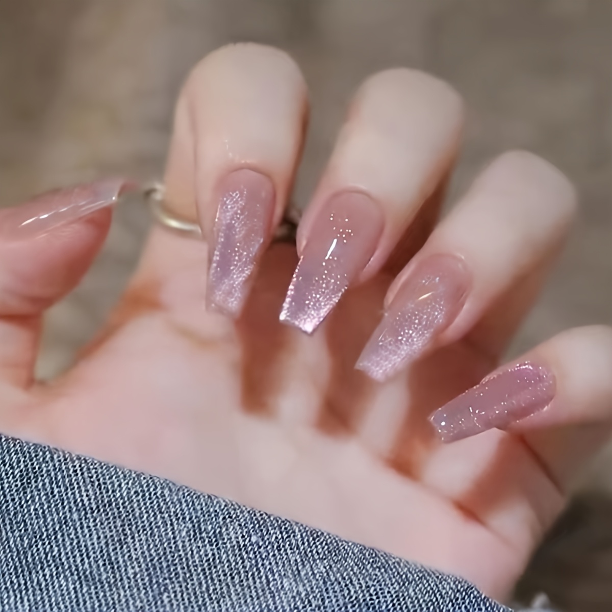 24pcs Ballet Style Ice-through Pink Cat Eye Suitable For Women' Wear Press-on Nails And 1pc Jelly Glue And 1pc Nail File