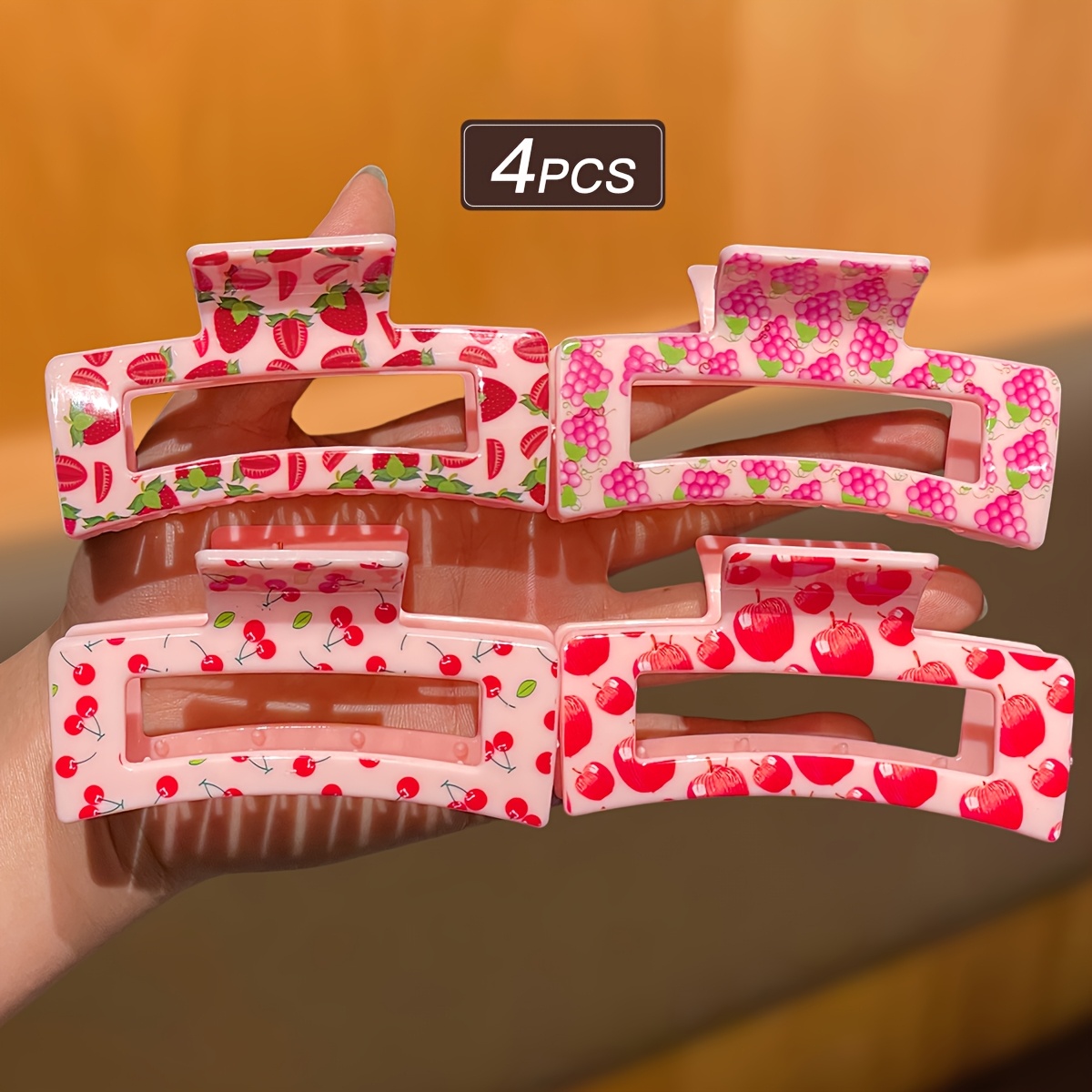 TEMU Ensemble de 4 pinces à épines carrées à motif de fruits, pince à épines en acétate de couleur , accessoires de cheveux pour femmes et, style ,