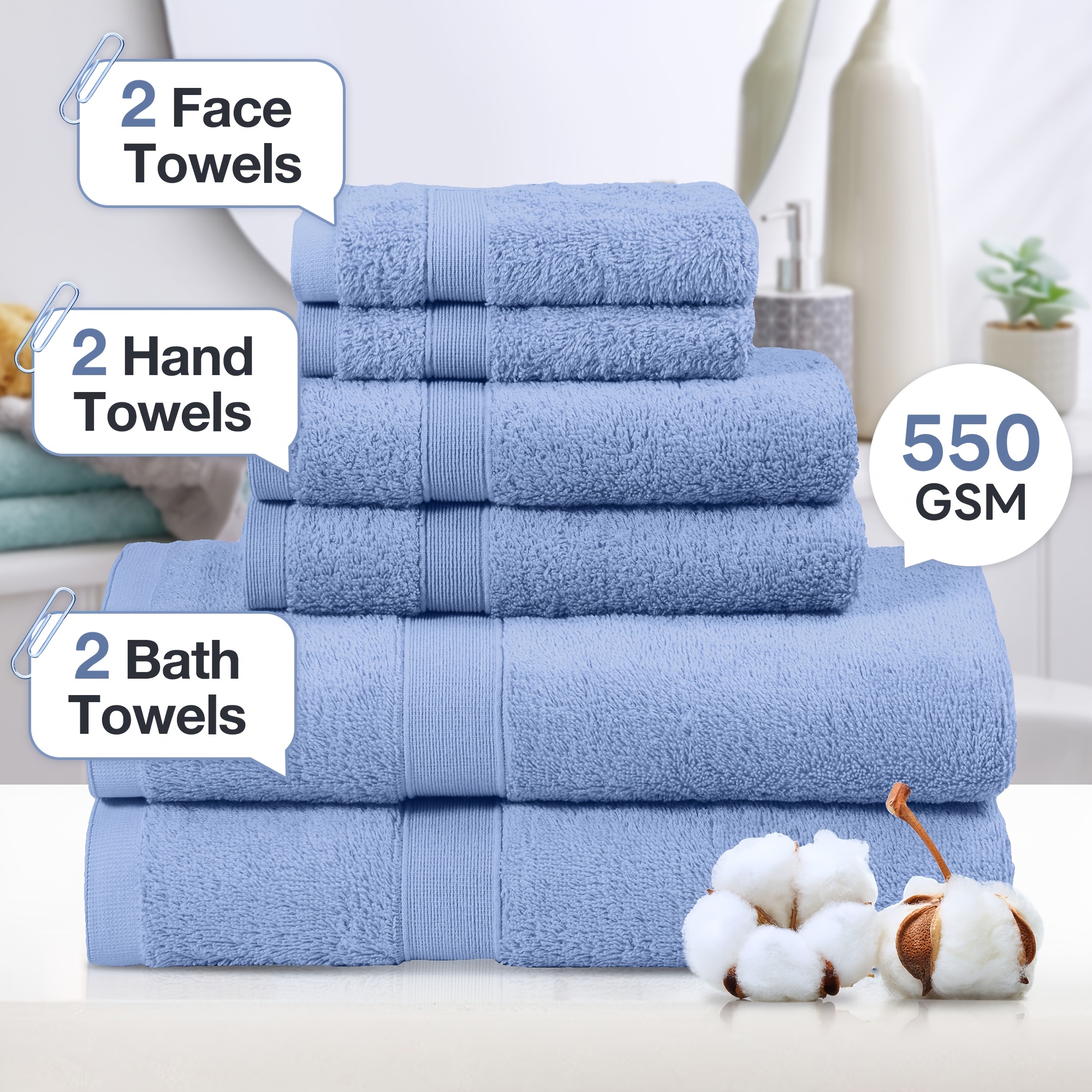 TEMU 6pcs 100% Combed Cotton Bath Towels Set, 550gsm, 6pcs Towels Set - 2 Bath Towels, 2 Hand Towels, And 2 Face Towels, And Ultra Soft For Bathroom,