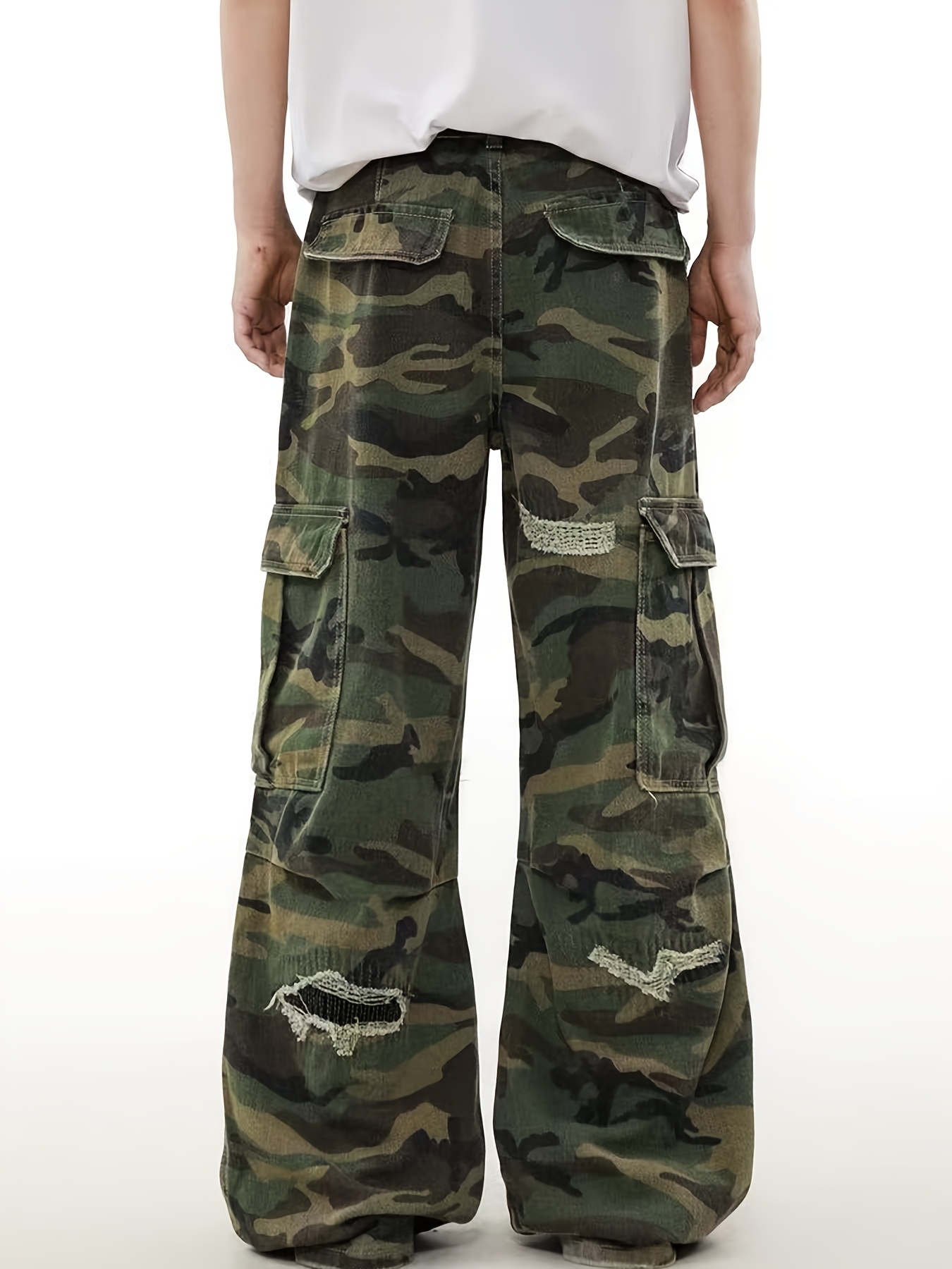 *'S Vintage Washed Camo Cargo Pants Loose Fit, Multi-Pocket Distressed  Denim with Frayed Detail Casual Streetwear Jeans, Relaxed Fit P