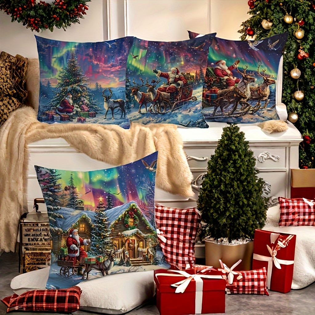 

4pcs Christmas Pillow Covers - Santa, Sleigh & Aurora Designs, 17.72" Square, Zip Closure, Machine Washable, Living Room, Office & Sofa Decor, Best For Christmas