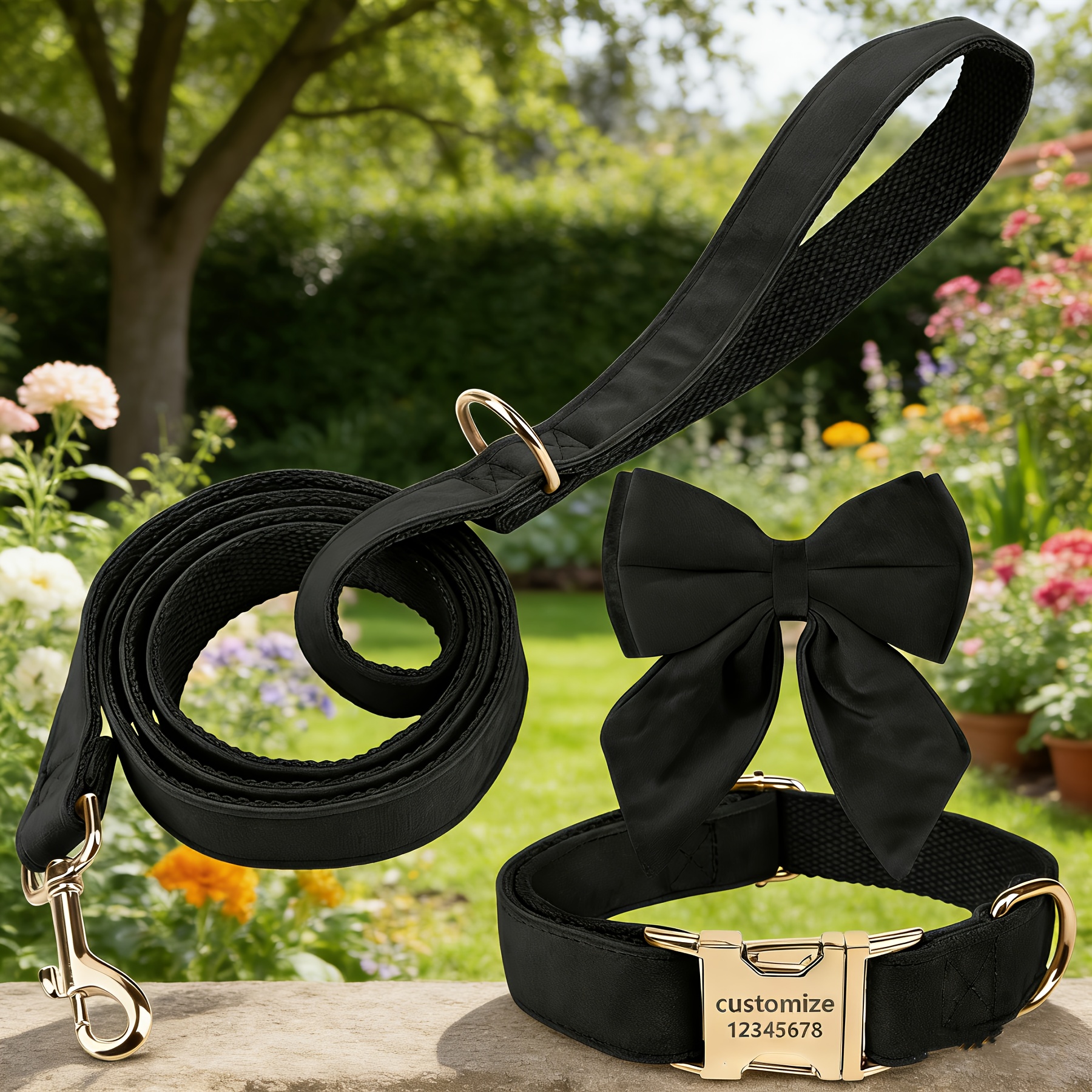 Personalized Custom Soft Velvet Dog Collar & Leash Set, 3pcs