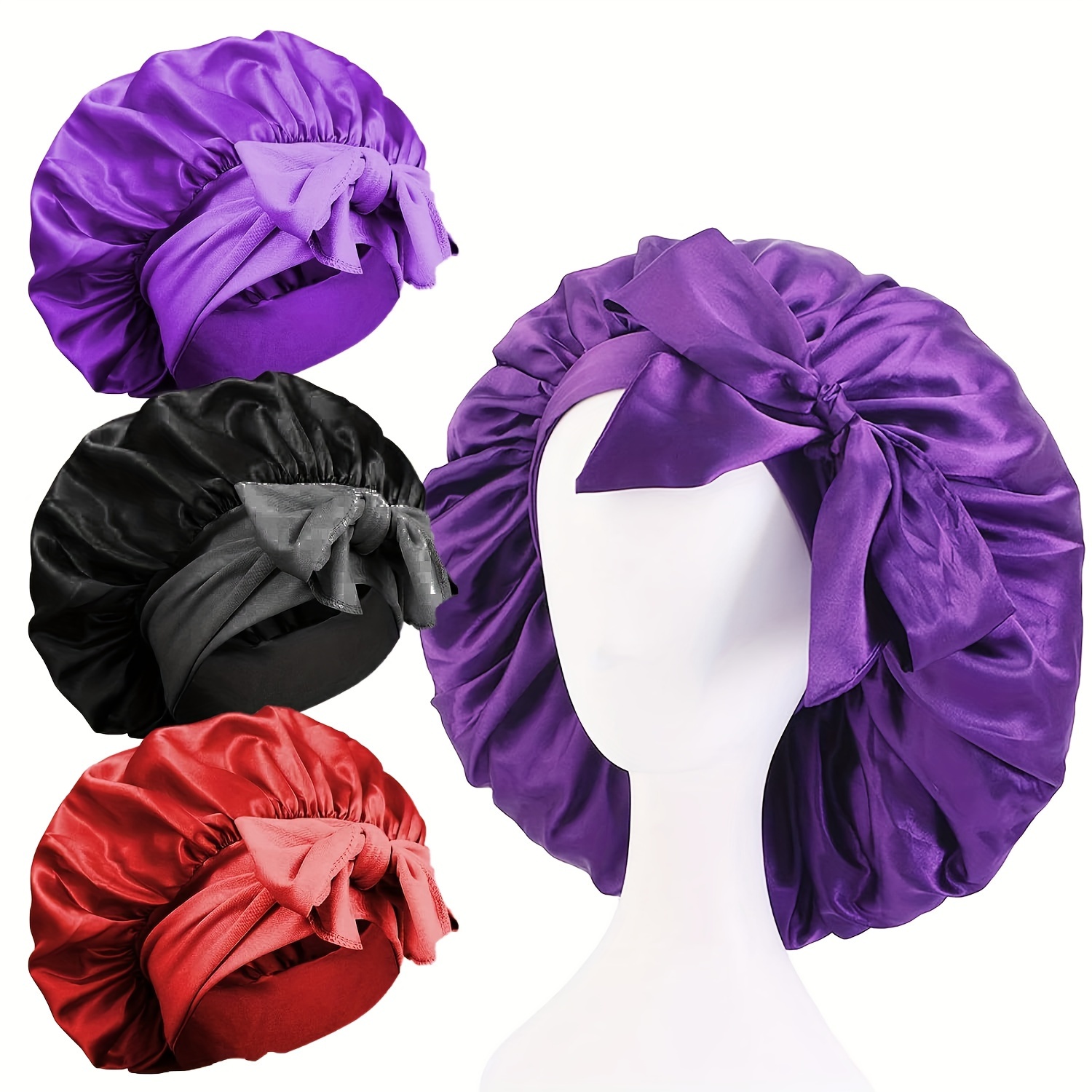 

3pcs Large Satin Sleep Bonnets For Women - Adjustable Long Strap, Soft Silky For Natural Curly Hair, In Purple, Black, Red