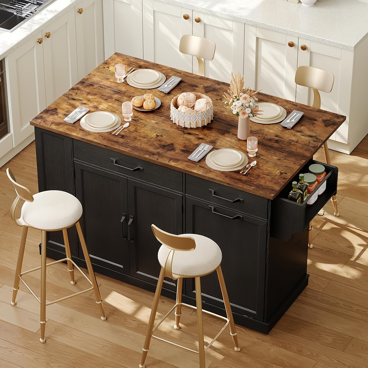 51-Inch Mobile Kitchen Island with Drop-Leaf & Power Sockets - Black-Brown