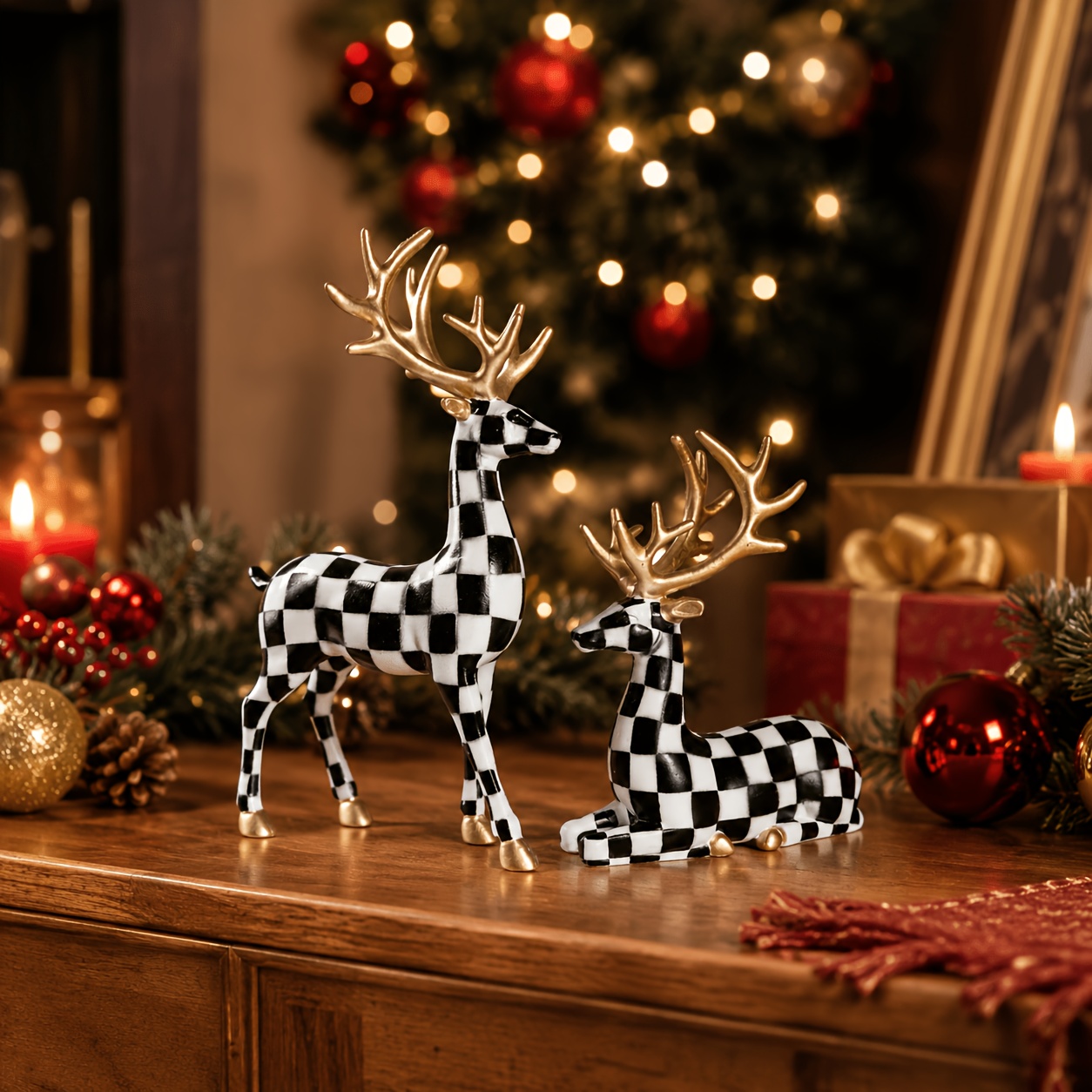 TEMU 2pcs Set Of Black And White Checkered Mosaic Deer Ornaments, 1 Standing And 1 Sleeping, Modern Minimalist And Luxurious Style, Living Room