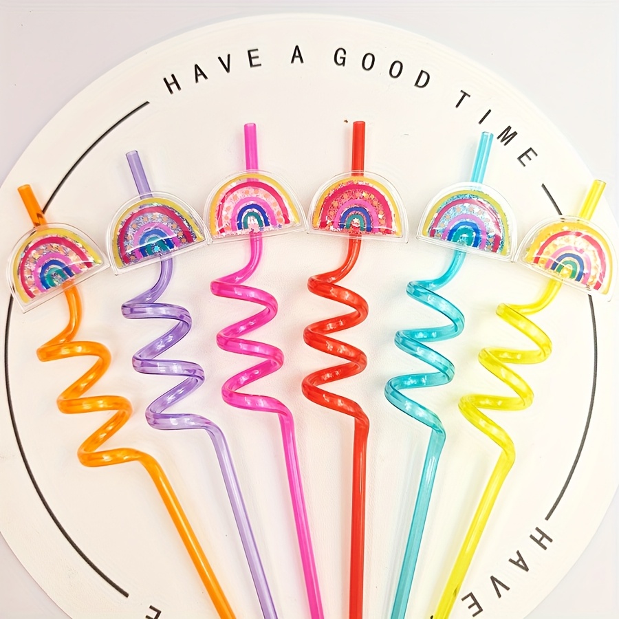 Image of 6pcs Reusable Glitter Rainbow Party Straws - Fun Spiral Plastic Drinkware, 6 Vibrant Colors, Food-safe & Decorative For Parties, Candy-like Design With "have A " Message, Party Decorations Supplies