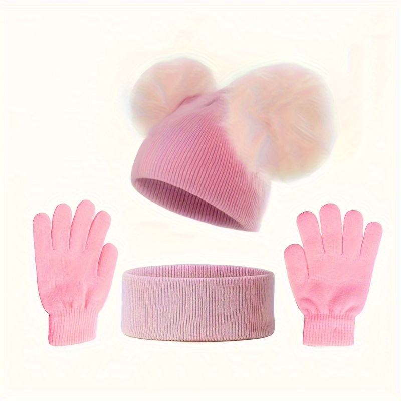 TEMU Double Pom-pom Solid Easy Beanie Scarf Gloves 3pcs Set