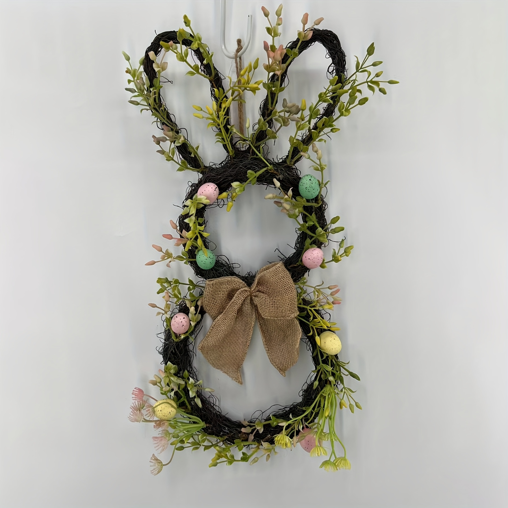 Rustic Easter Bunny Wreath With Colorful Eggs And Bow, 20.8 Inch Handcrafted Rattan Spring Wall Hanging, And Plastic Branches, Plant Theme Home Garden Decor, No Electricity Needed, Featherless