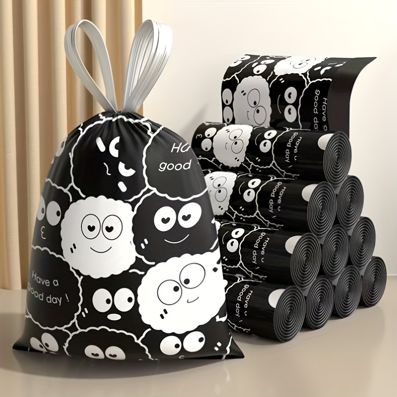 

45/75/ Thickened Drawstring Garbage Bags, Black Printed Cute Cartoon Pattern, Suitable For Living Room And Kitchen Home Use, Disposable Plastic Bag Garbage Bags