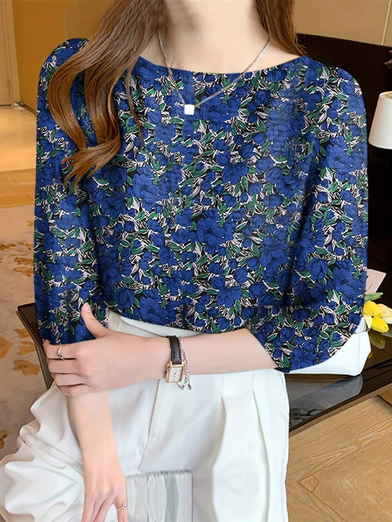 blusa holgada cuello barco estampado floral elegante blusa Temu