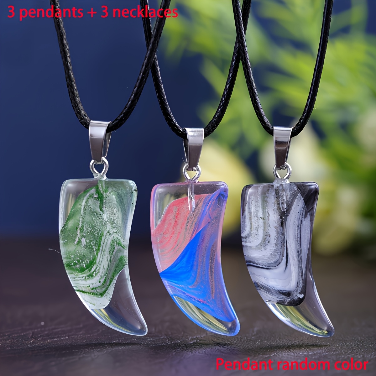 Image of 6pcs Colored Crystal Fang-shaped Pendant Necklaces With Adjustable Leather Cord, Crescent Pendant Jewelry For Necklace Making, Gift (3pcs Pendants And 3pcs Necklaces And Storage Bag) Random Colors