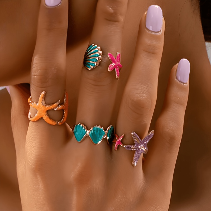 TEMU 4pcs Set Fashionable Dopamine, Starfish, Shell, Ocean Beach Metal Rings, Suitable For Vacation Wear, Versatile & Elegant