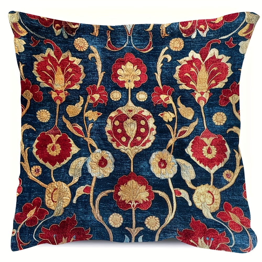 TEMU 1pc, Double-sided Vintage Floral Print Pillowcase, 18x18 Inches, Soft Short Plush, Double-sided Print, Red And Golden, Zipper Closure, Machine