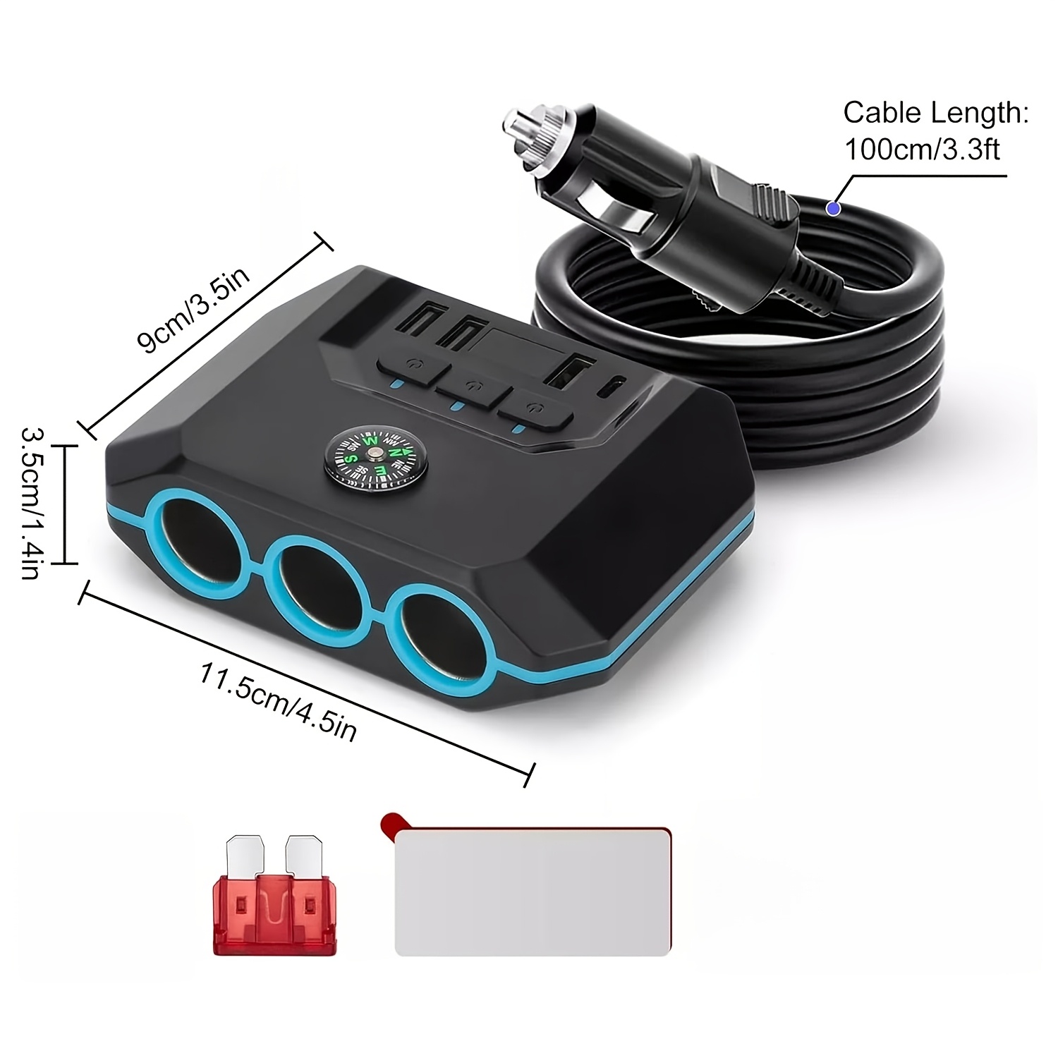 TEMU 7-in-1 120w Car Charger Adapter, 3-socket Outlet Splitter With Built-in Compass, Type-c Pd & 3 Usb Fast Charging Ports, Real- Voltmeter,