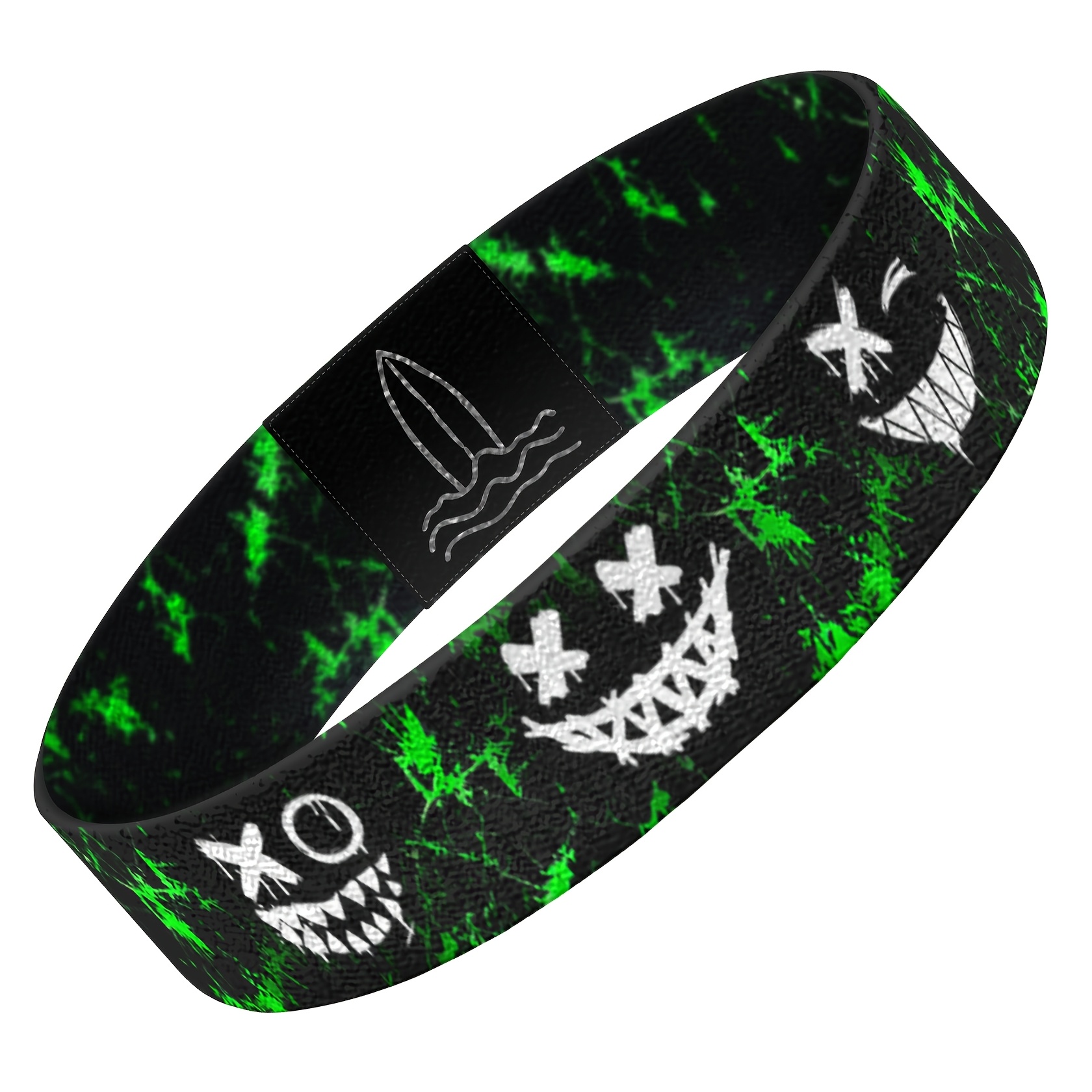 TEMU Skull Black And Green Pattern Printing Men Women Elastic Wristband, Surfing Bracelet, Sports Wristband, Stretch Bangle
