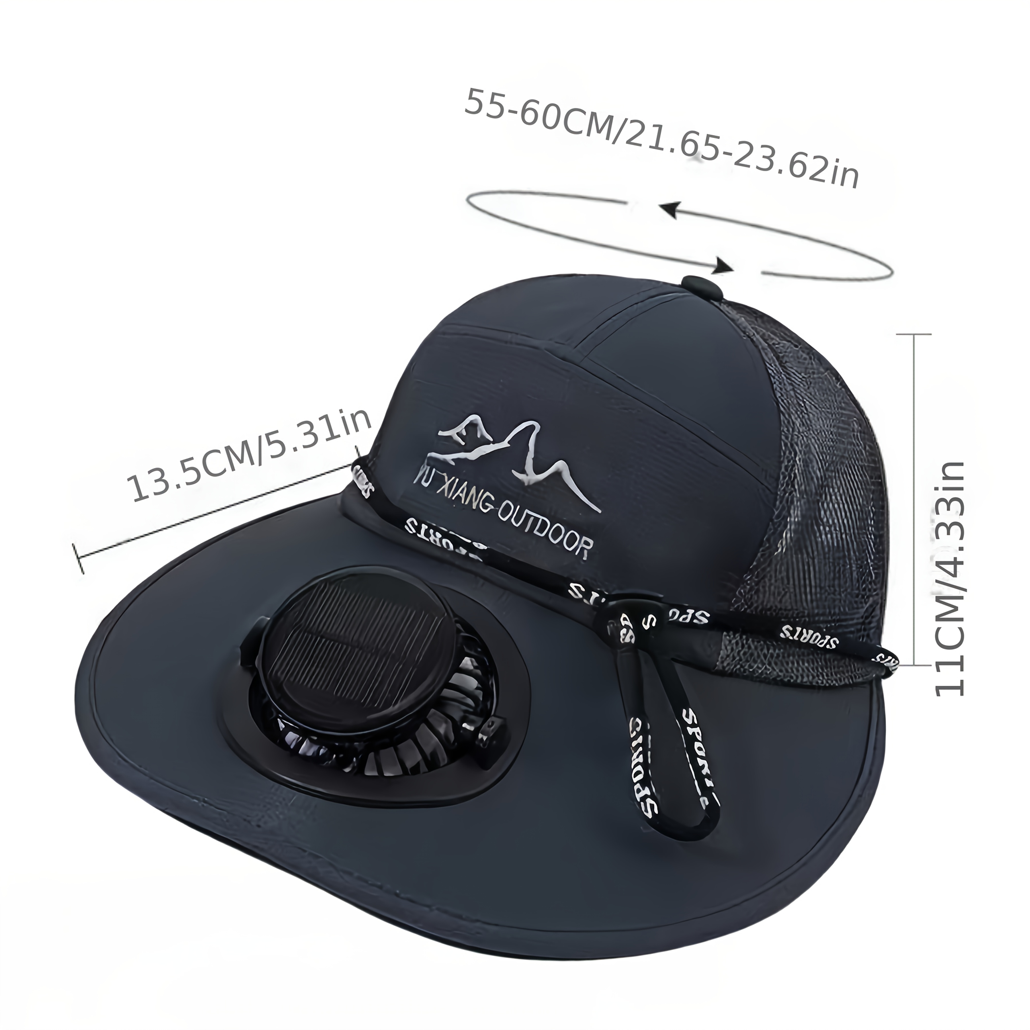 Solar fan hat dimensions - head circumference 55-60cm, brim 13.5cm, height 11cm
