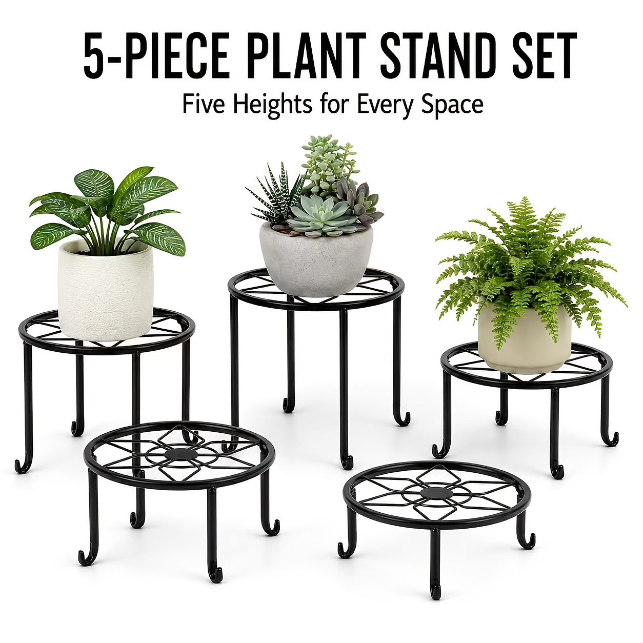TEMU 5pcs Black Rust-resistant Metal Flower Stands, 2 Sets Movable Plant Pot Trays With Universal Wheels. Round Load-bearing Design For Storage Of