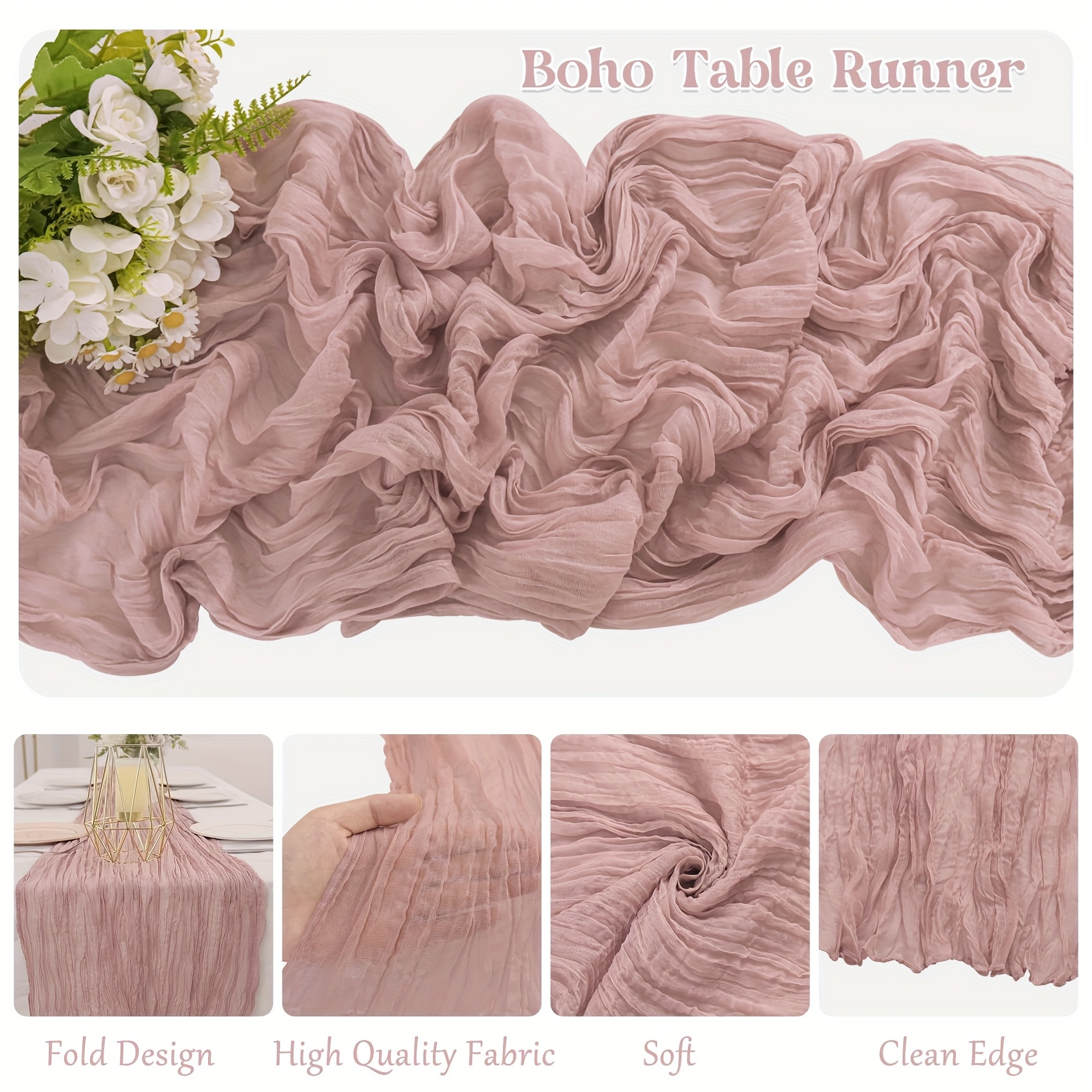 E-shop 3-teiliges Set Vintage Rosa Käsegardinen Tischläufer, Böhmischer Gaze Stoff Tischläufer Rustikaler Transparenter Läufer für Hochzeitsfeier Braut