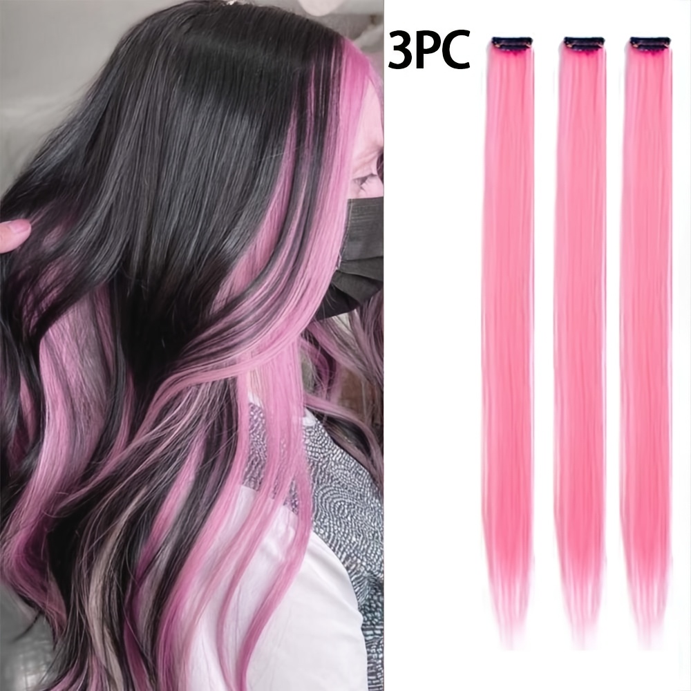 TEMU Colorful 3pcs Clip-in Hair Extensions Vibrant . 20-inch Straight Synthetic Clip-in Hairpieces ( In Peach Pink Cream , And Wine Red). Ideal For